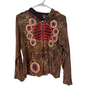 Womens Handmade Cotton Hoodie Brown Zip Up Colorful Embroidered Nepal Medium